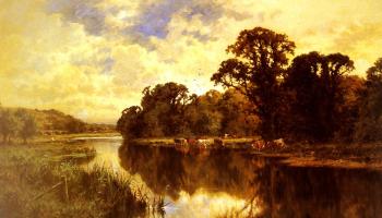 Henry Hillier Parker : Cattle Watering on a Riverbank